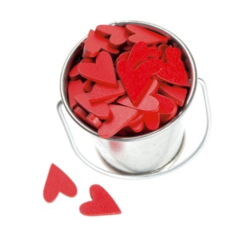 wooden hearts in a silver bucket