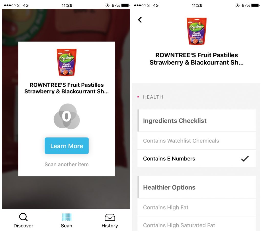 Screenshots of Giki app product scan
